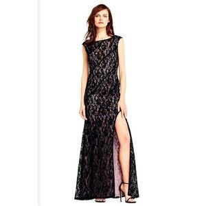 Aidan Mattox Straight Illusion V Neck Floral Lace Evening Gown
